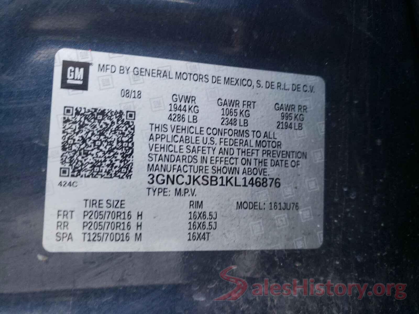 3GNCJKSB1KL146876 2019 CHEVROLET TRAX