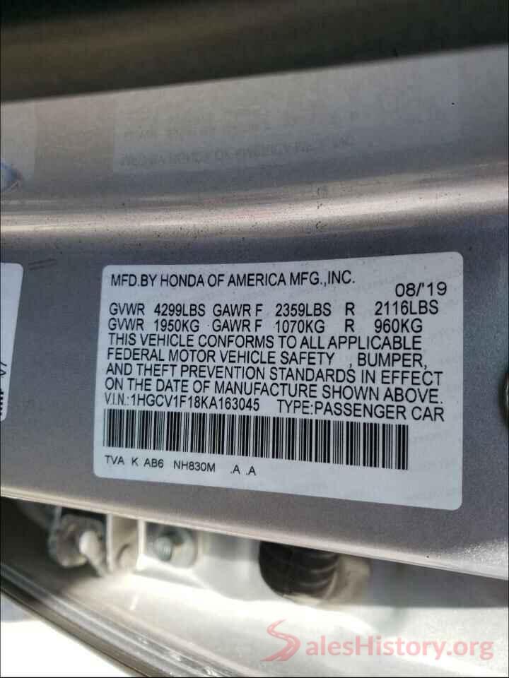 1HGCV1F18KA163045 2019 HONDA ACCORD