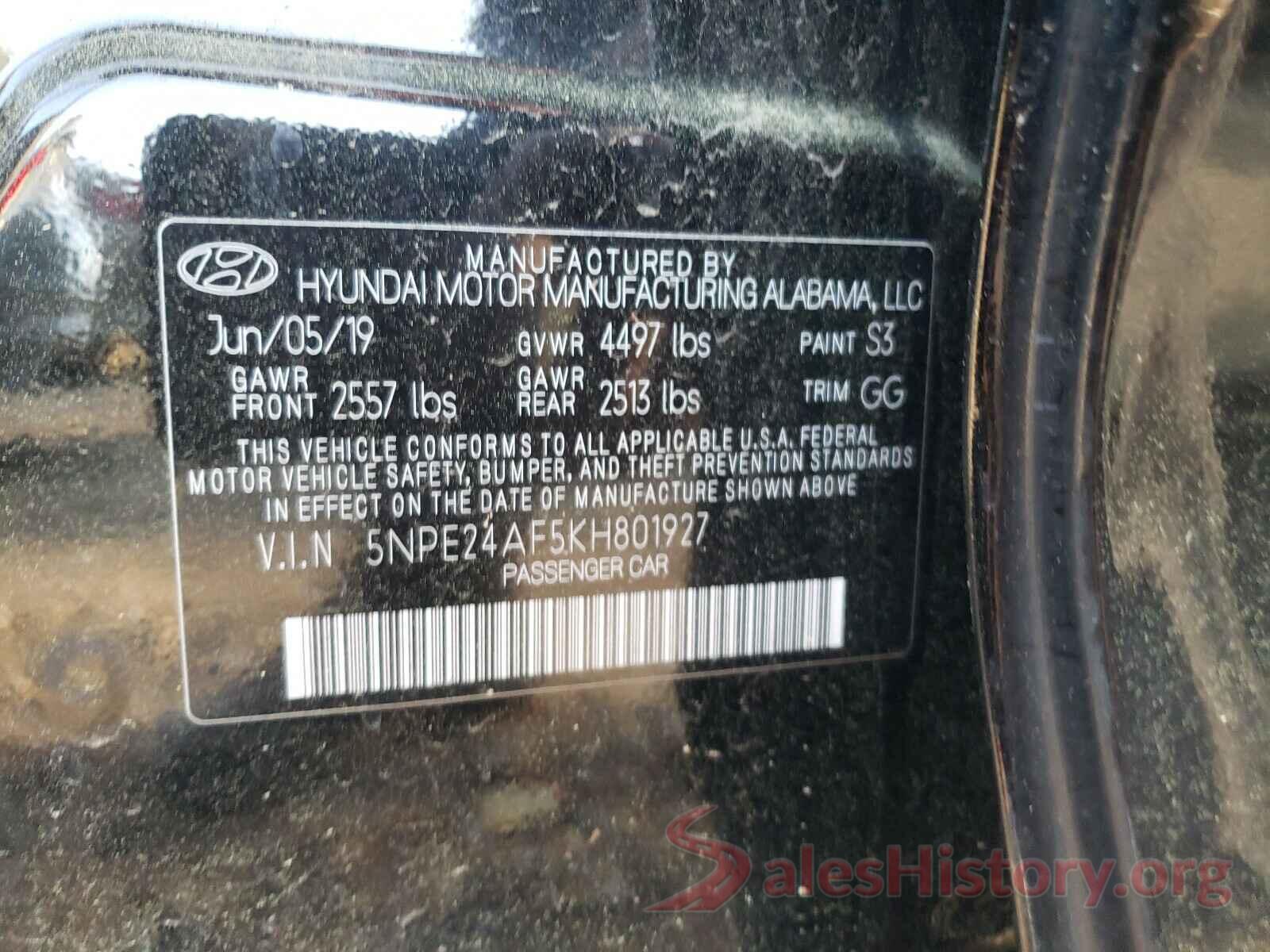 5NPE24AF5KH801927 2019 HYUNDAI SONATA