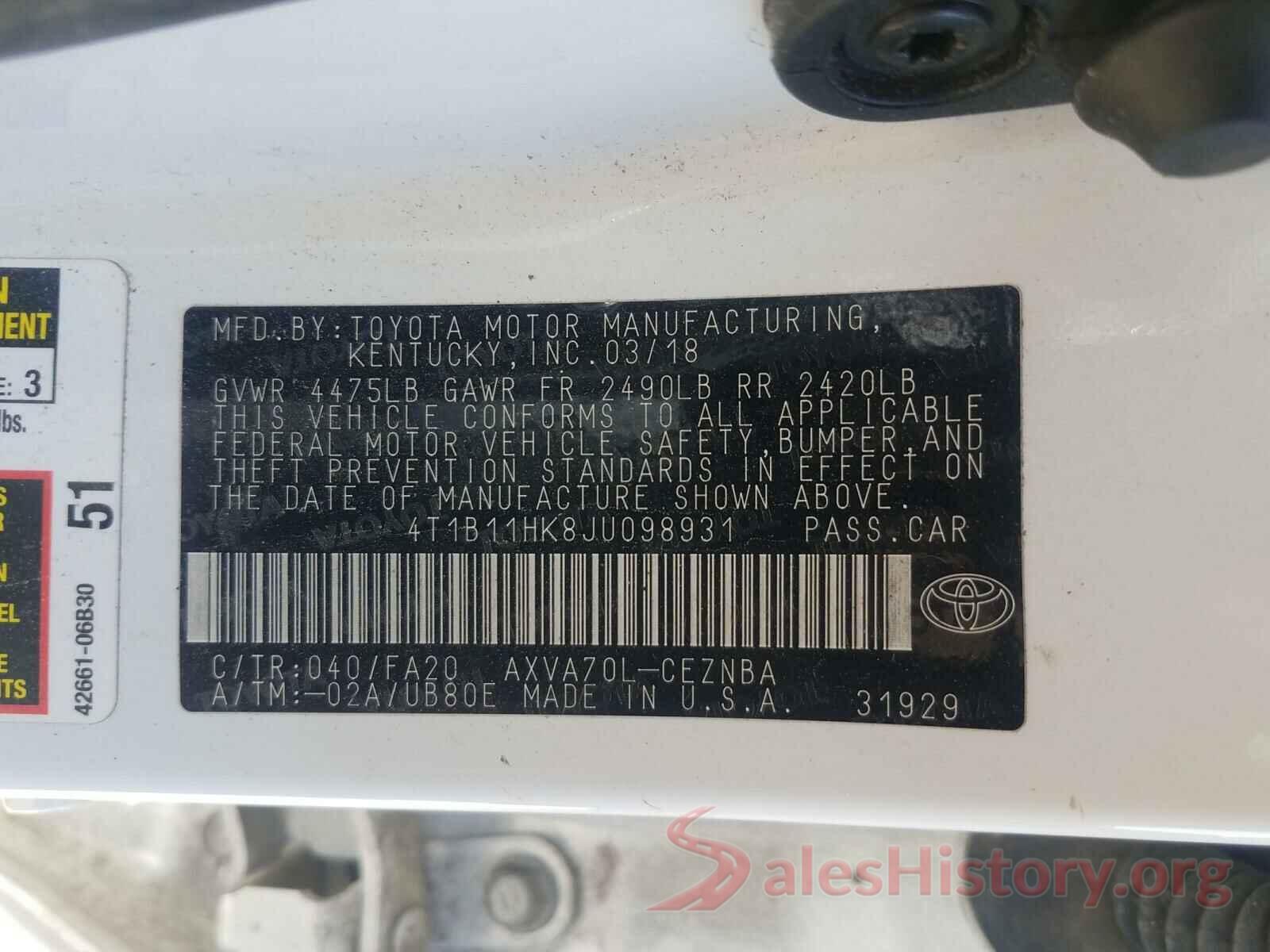 4T1B11HK8JU098931 2018 TOYOTA CAMRY