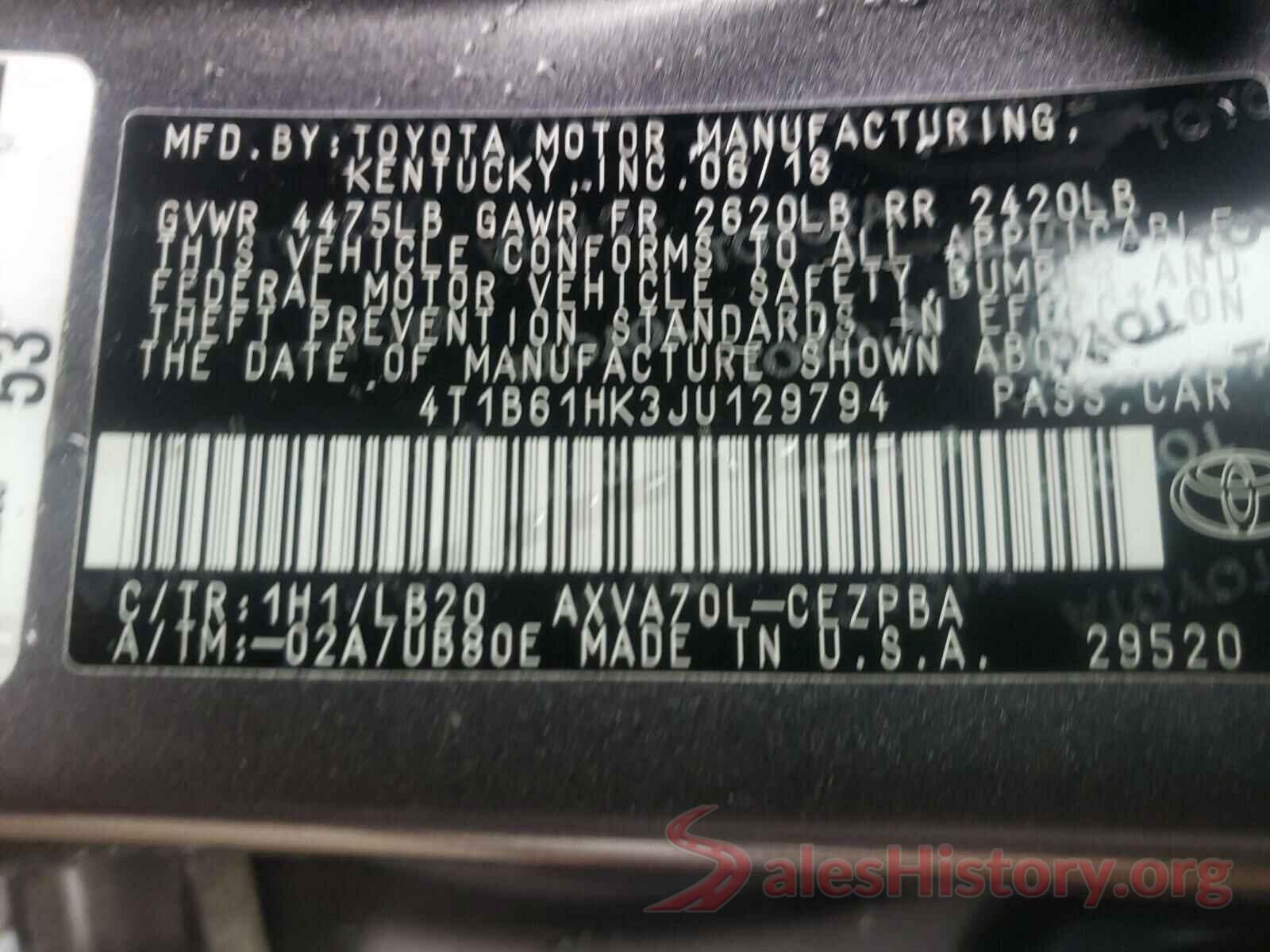 4T1B61HK3JU129794 2018 TOYOTA CAMRY