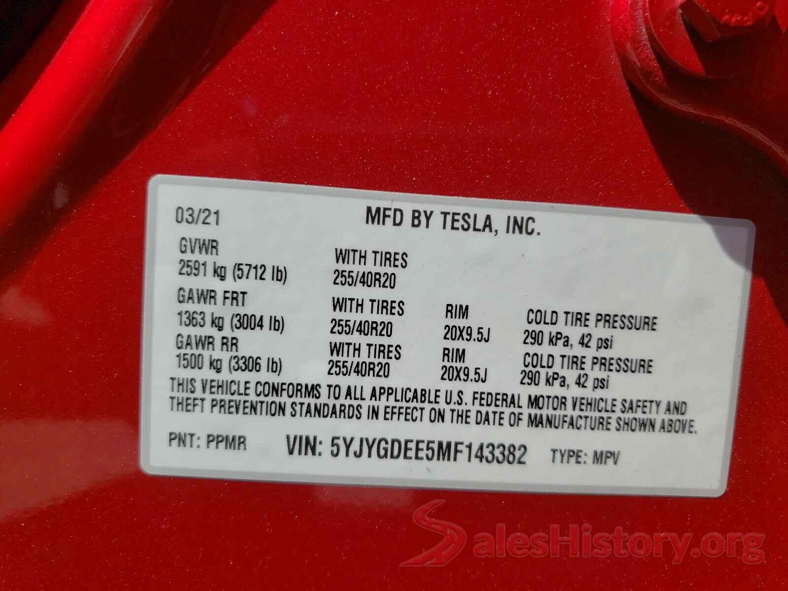 5YJYGDEE5MF143382 2021 TESLA MODEL Y