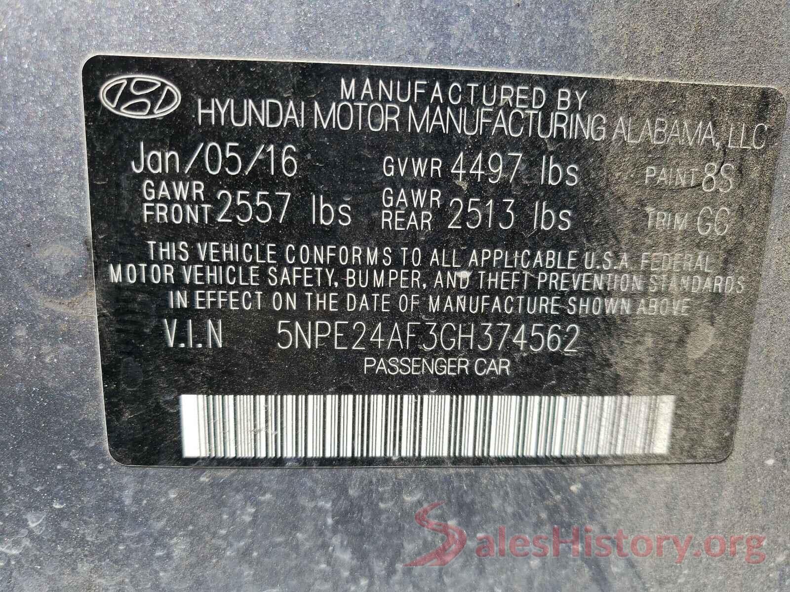 5NPE24AF3GH374562 2016 HYUNDAI SONATA