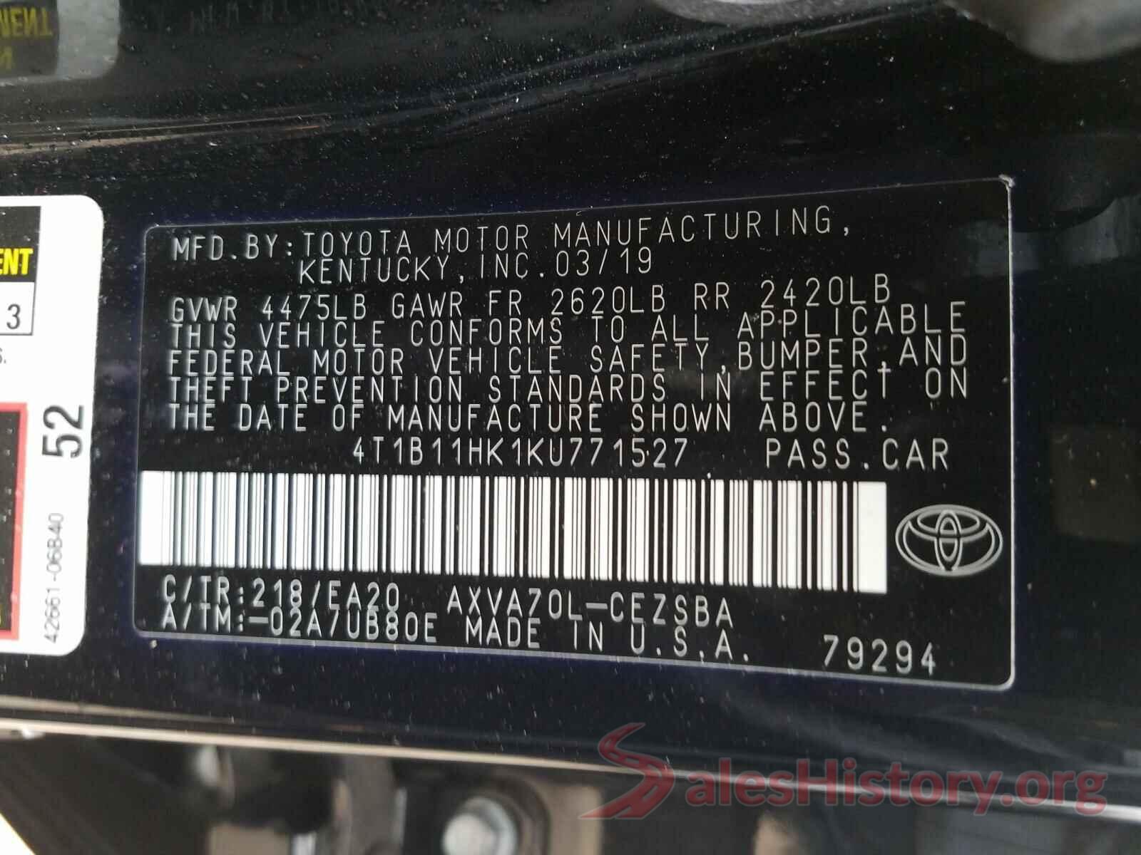 4T1B11HK1KU771527 2019 TOYOTA CAMRY