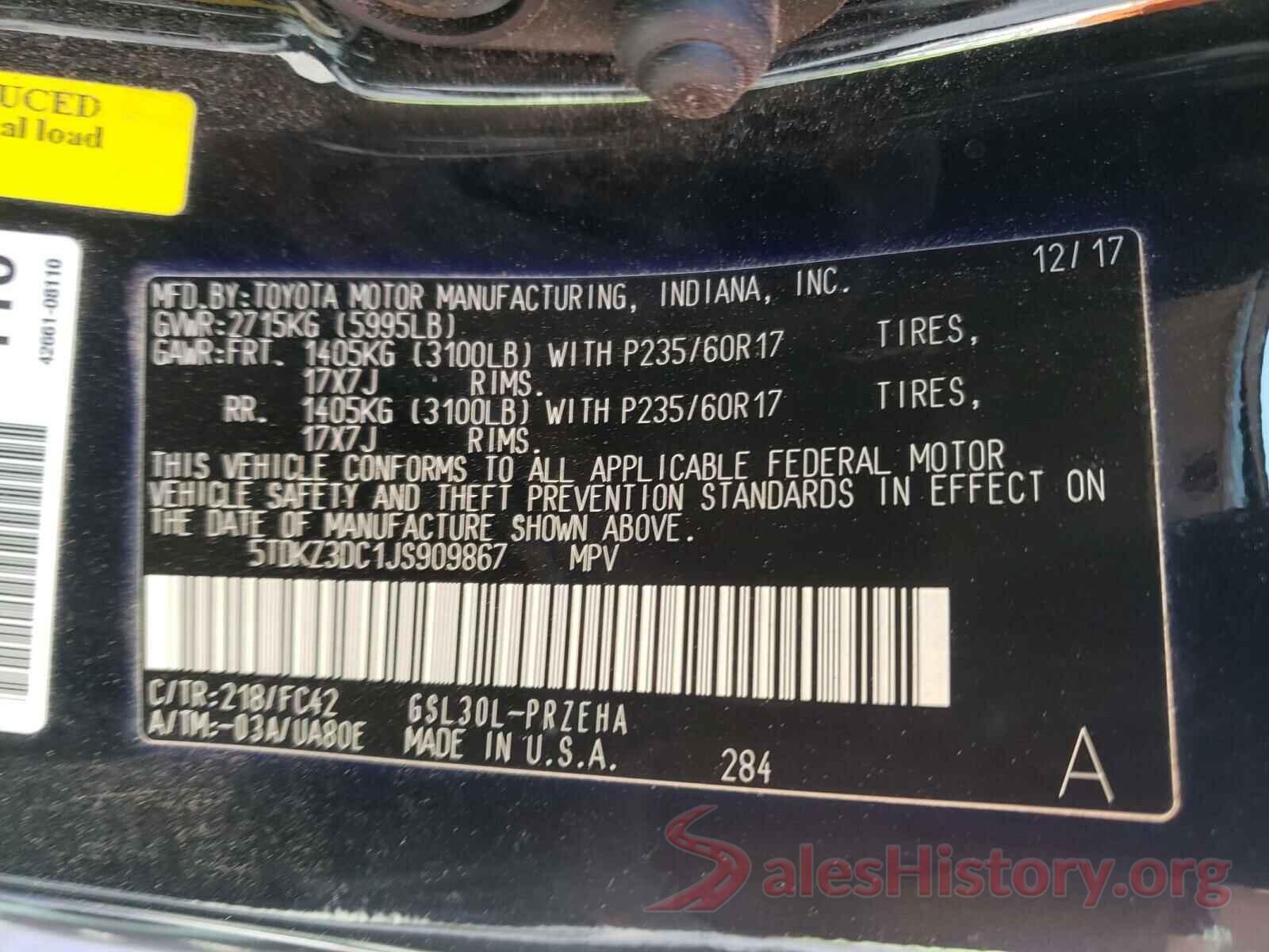 5TDKZ3DC1JS909867 2018 TOYOTA SIENNA