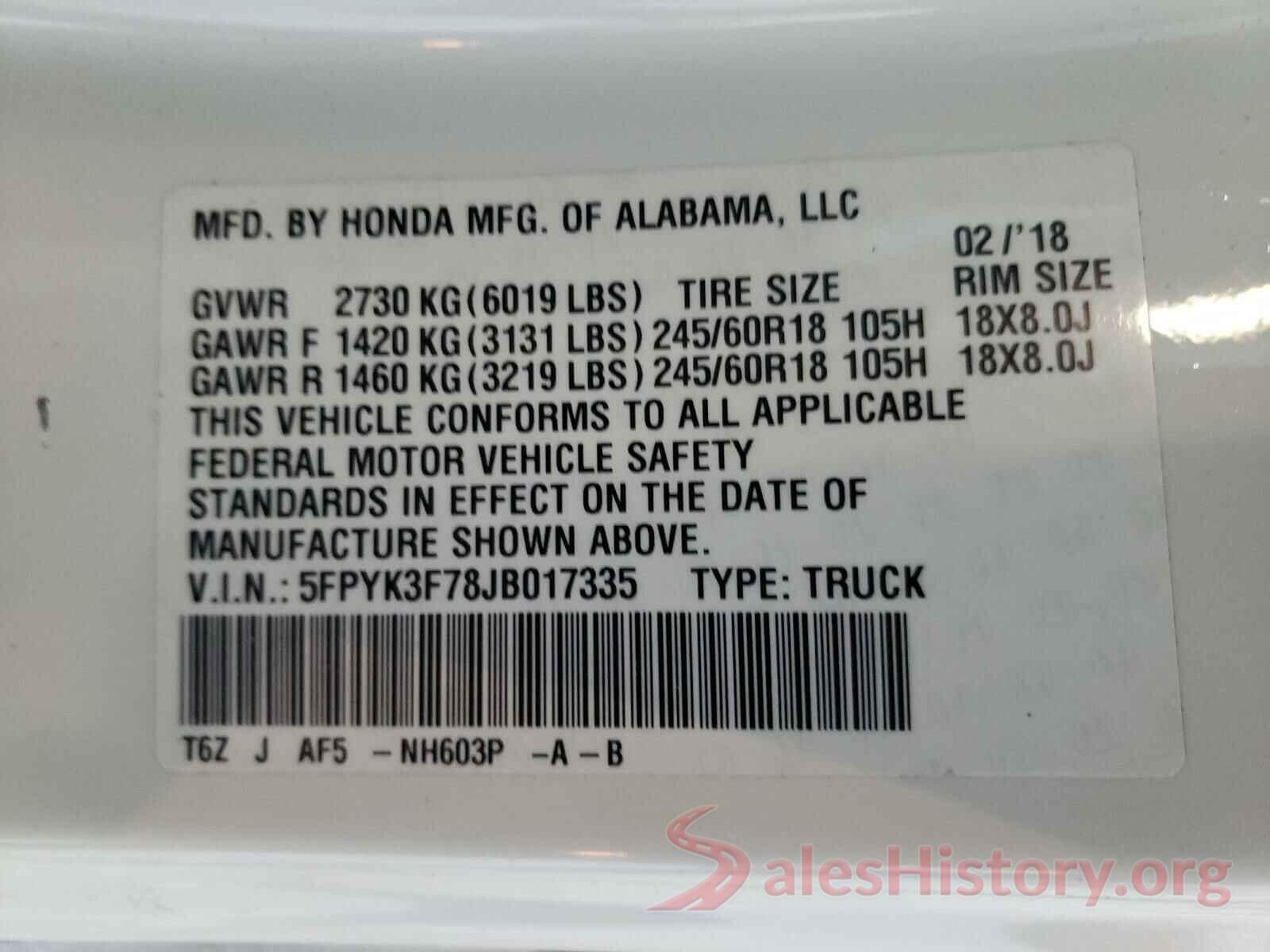 5FPYK3F78JB017335 2018 HONDA RIDGELINE