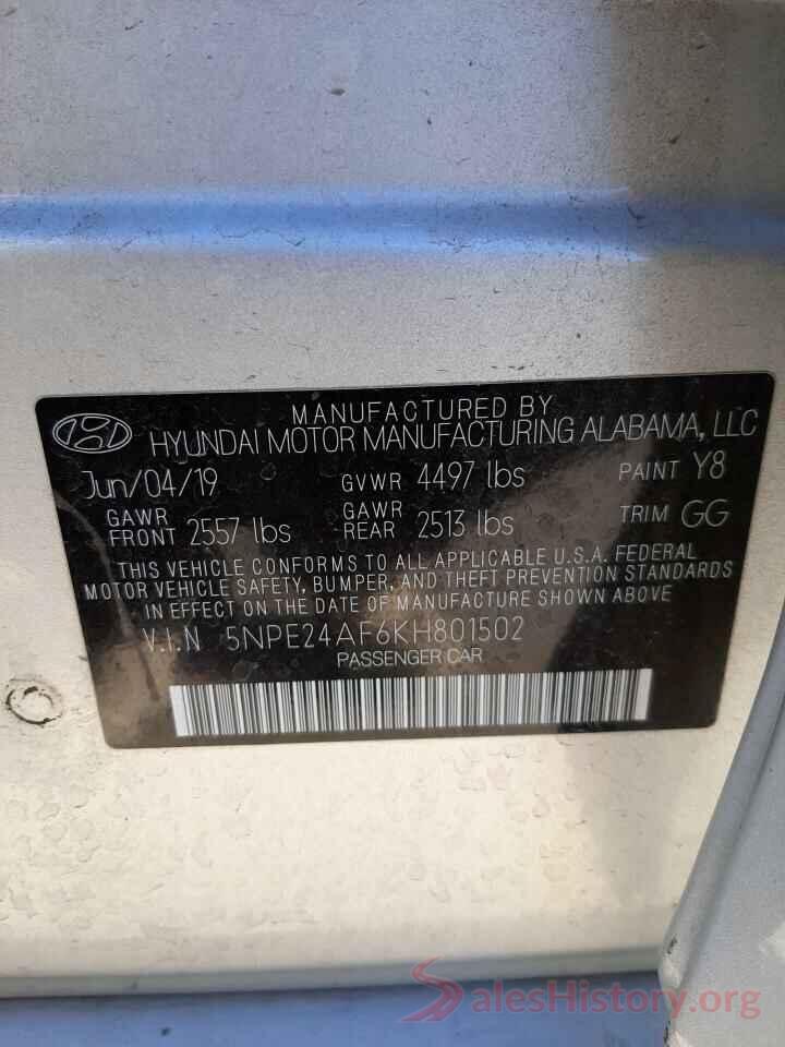 5NPE24AF6KH801502 2019 HYUNDAI SONATA