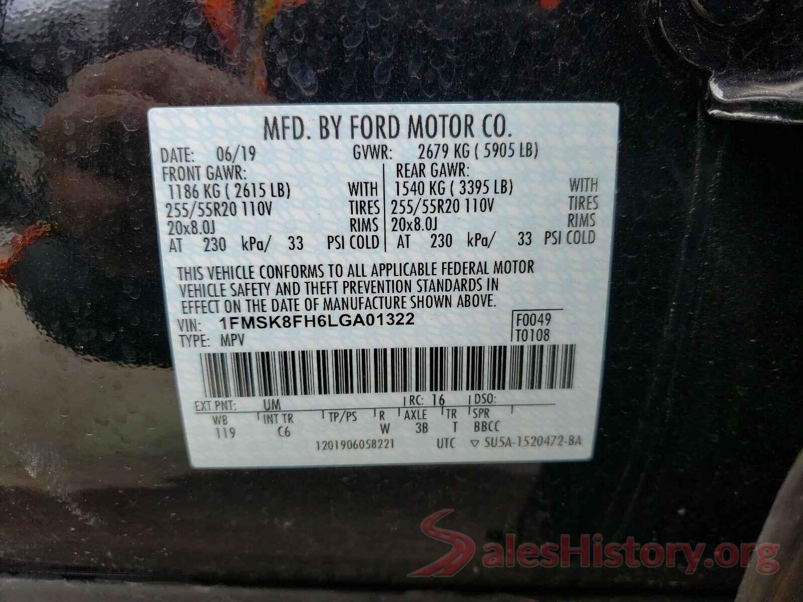 1FMSK8FH6LGA01322 2020 FORD EXPLORER