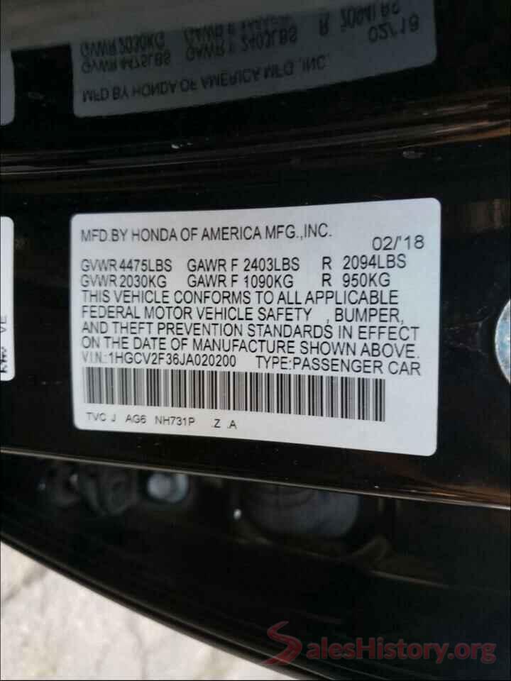 1HGCV2F36JA020200 2018 HONDA ACCORD