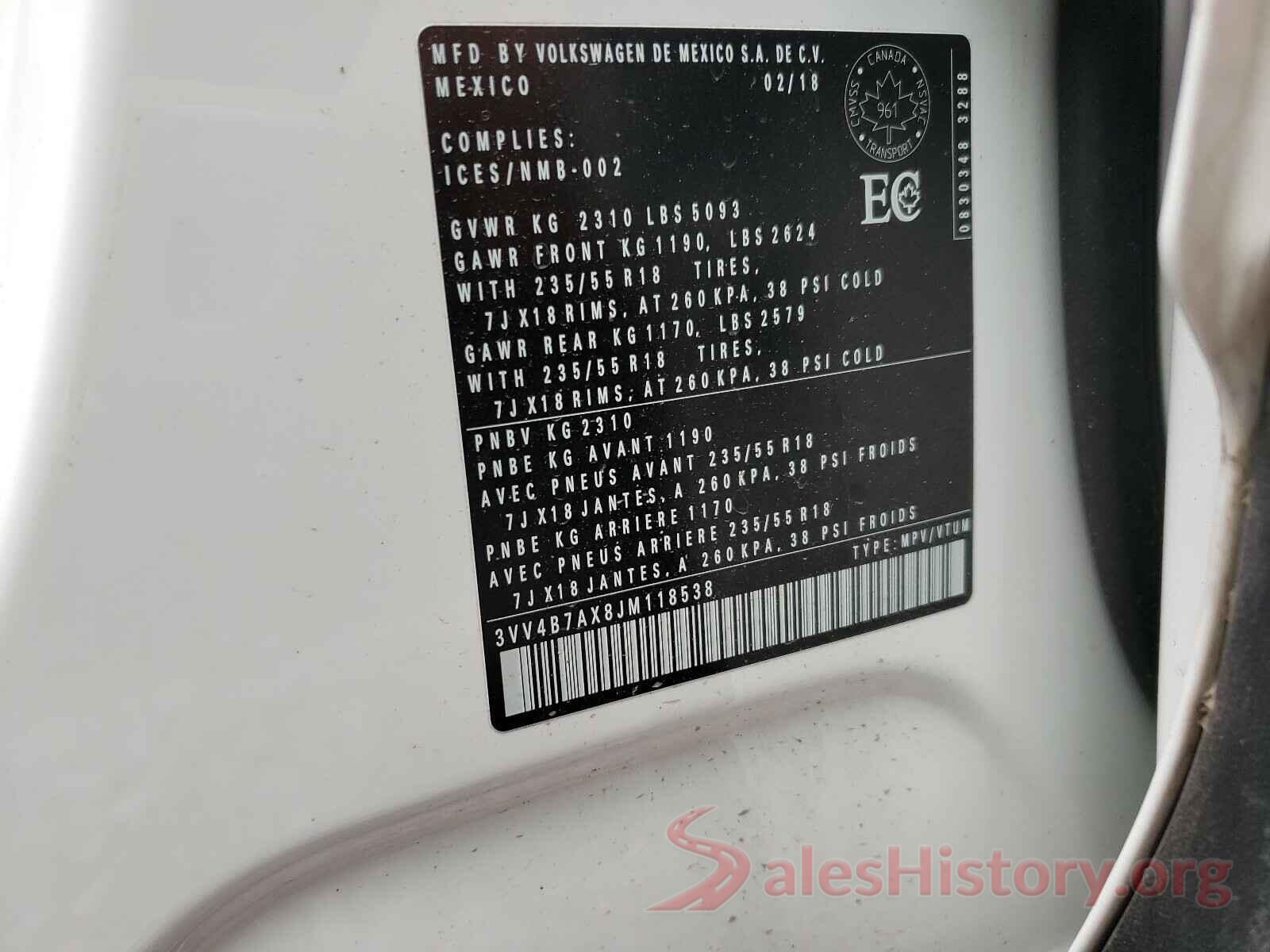 3VV4B7AX8JM118538 2018 VOLKSWAGEN TIGUAN