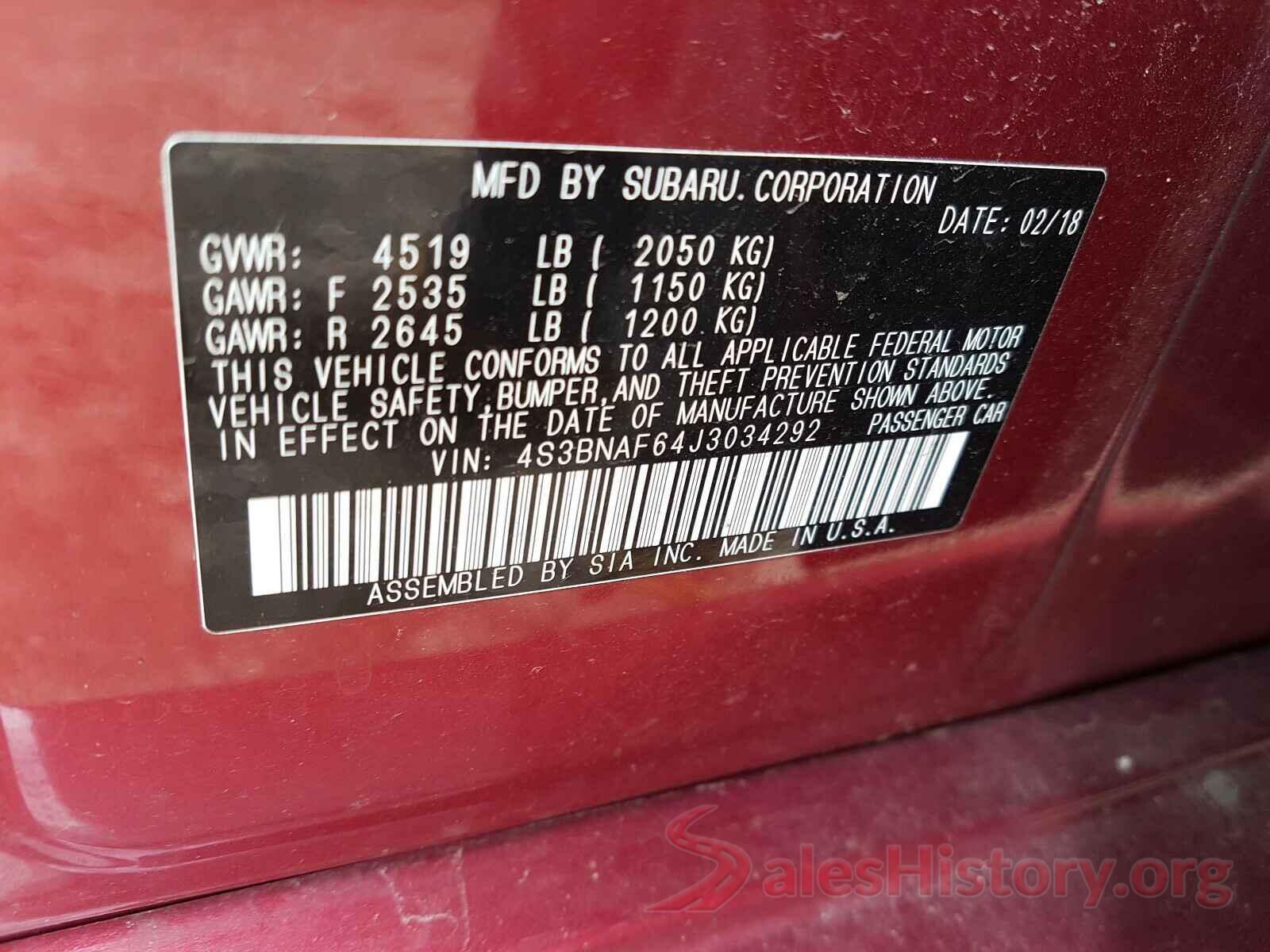 4S3BNAF64J3034292 2018 SUBARU LEGACY