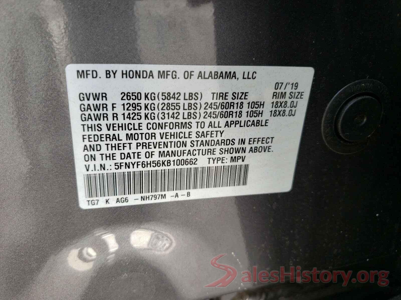 5FNYF6H56KB100662 2019 HONDA PILOT