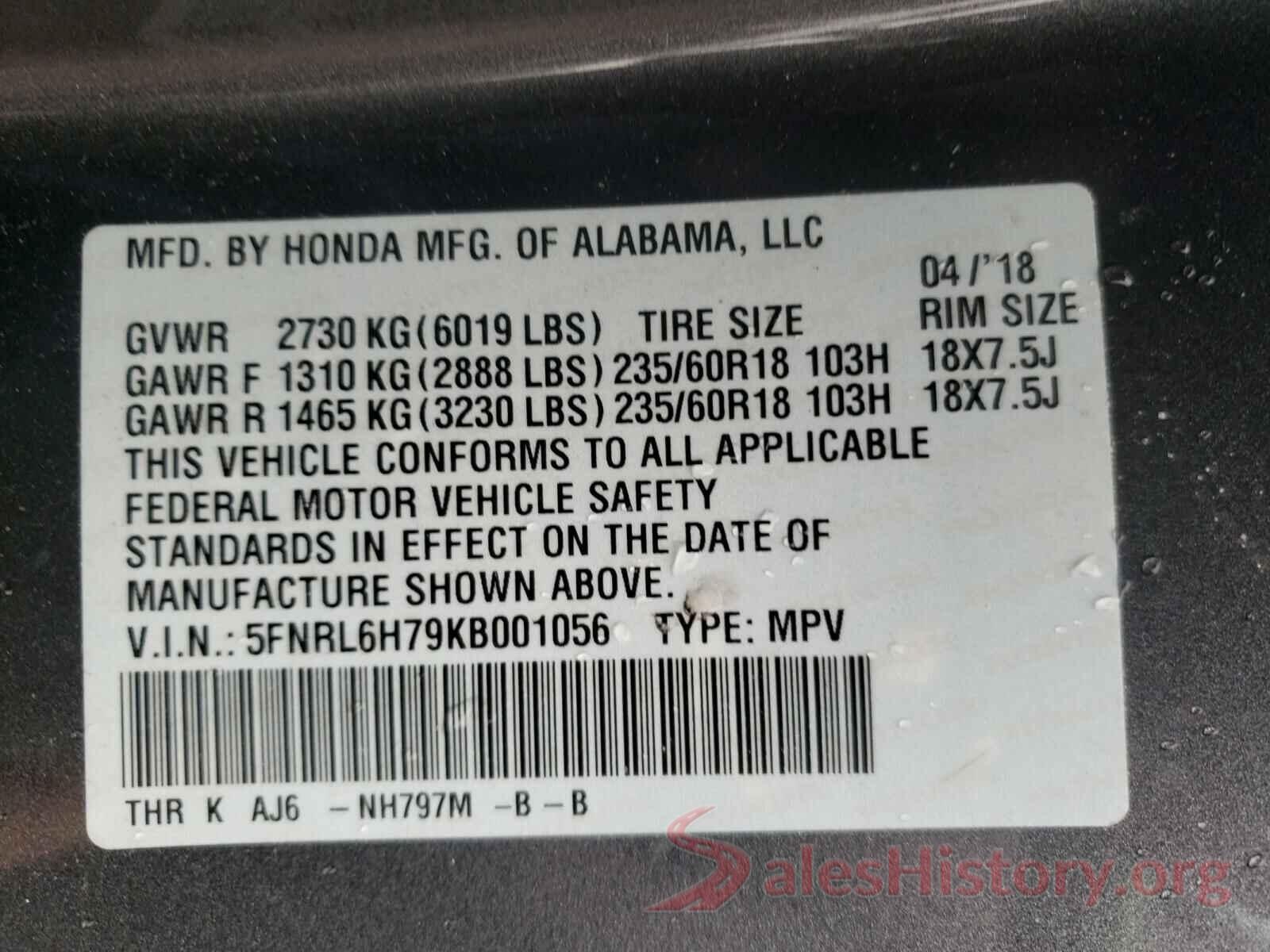 5FNRL6H79KB001056 2019 HONDA ODYSSEY