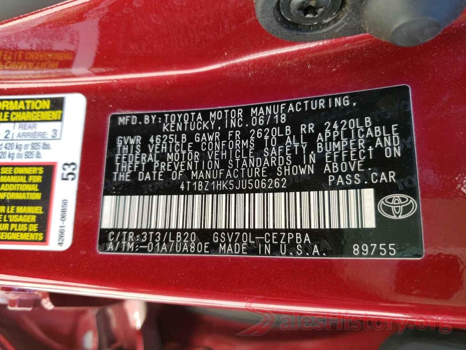 4T1BZ1HK5JU506262 2018 TOYOTA CAMRY