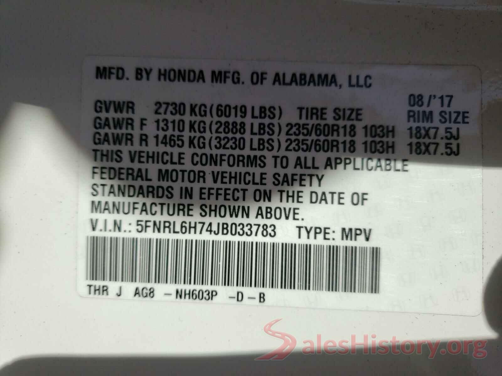 5FNRL6H74JB033783 2018 HONDA ODYSSEY