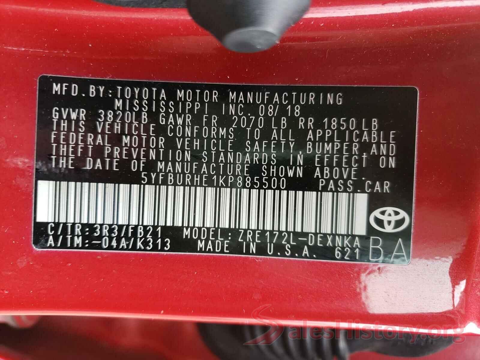 5YFBURHE1KP885500 2019 TOYOTA COROLLA