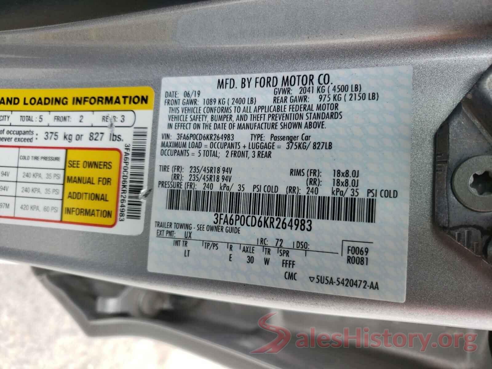 3FA6P0CD6KR264983 2019 FORD FUSION