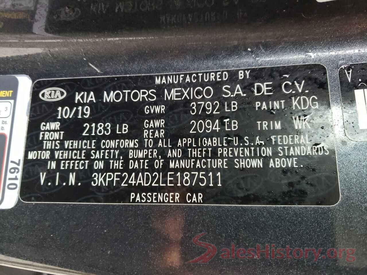 3KPF24AD2LE187511 2020 KIA FORTE