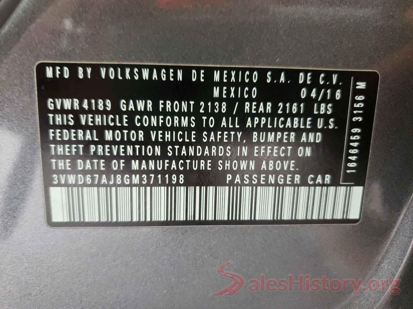 3VWD67AJ8GM371198 2016 VOLKSWAGEN JETTA