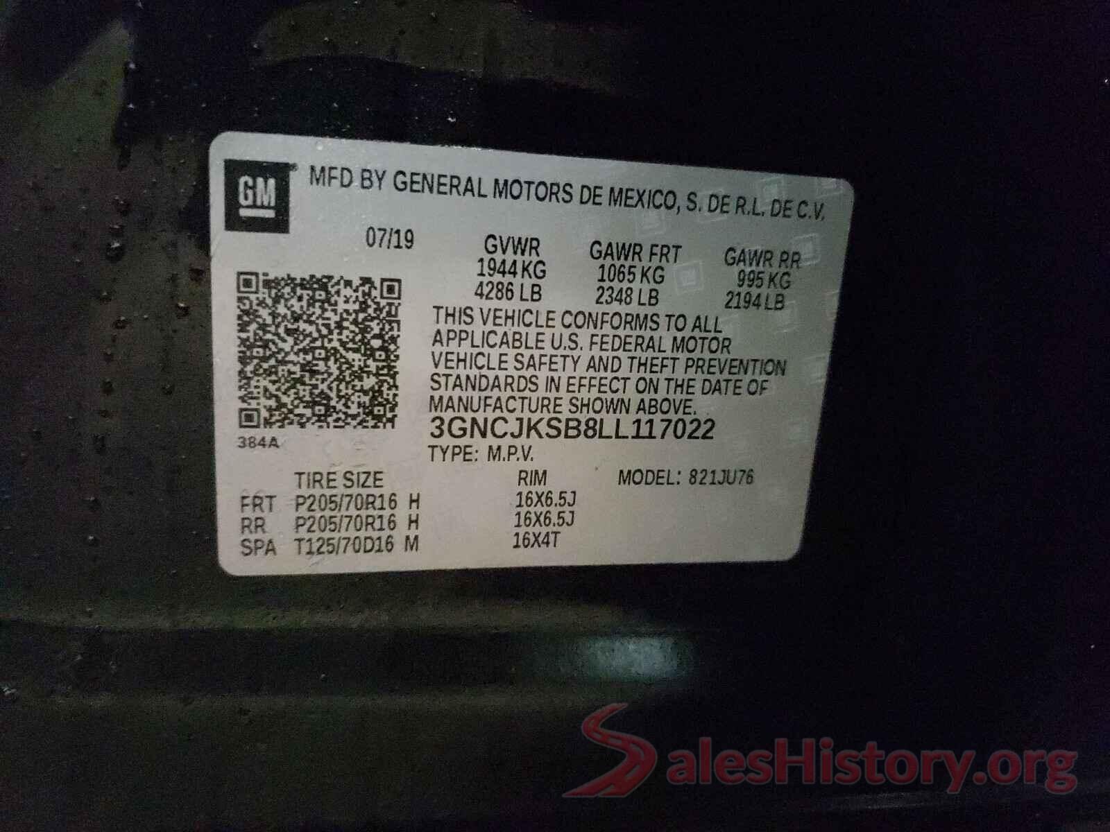 3GNCJKSB8LL117022 2020 CHEVROLET TRAX