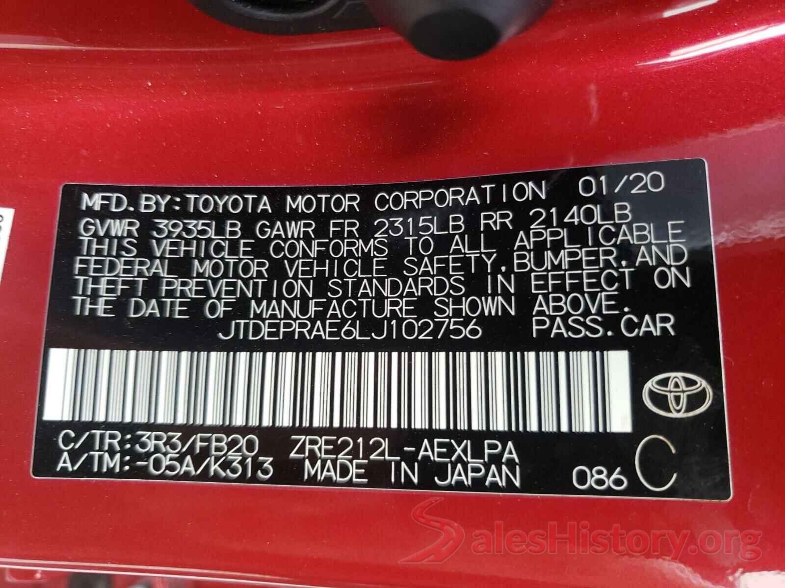 JTDEPRAE6LJ102756 2020 TOYOTA COROLLA