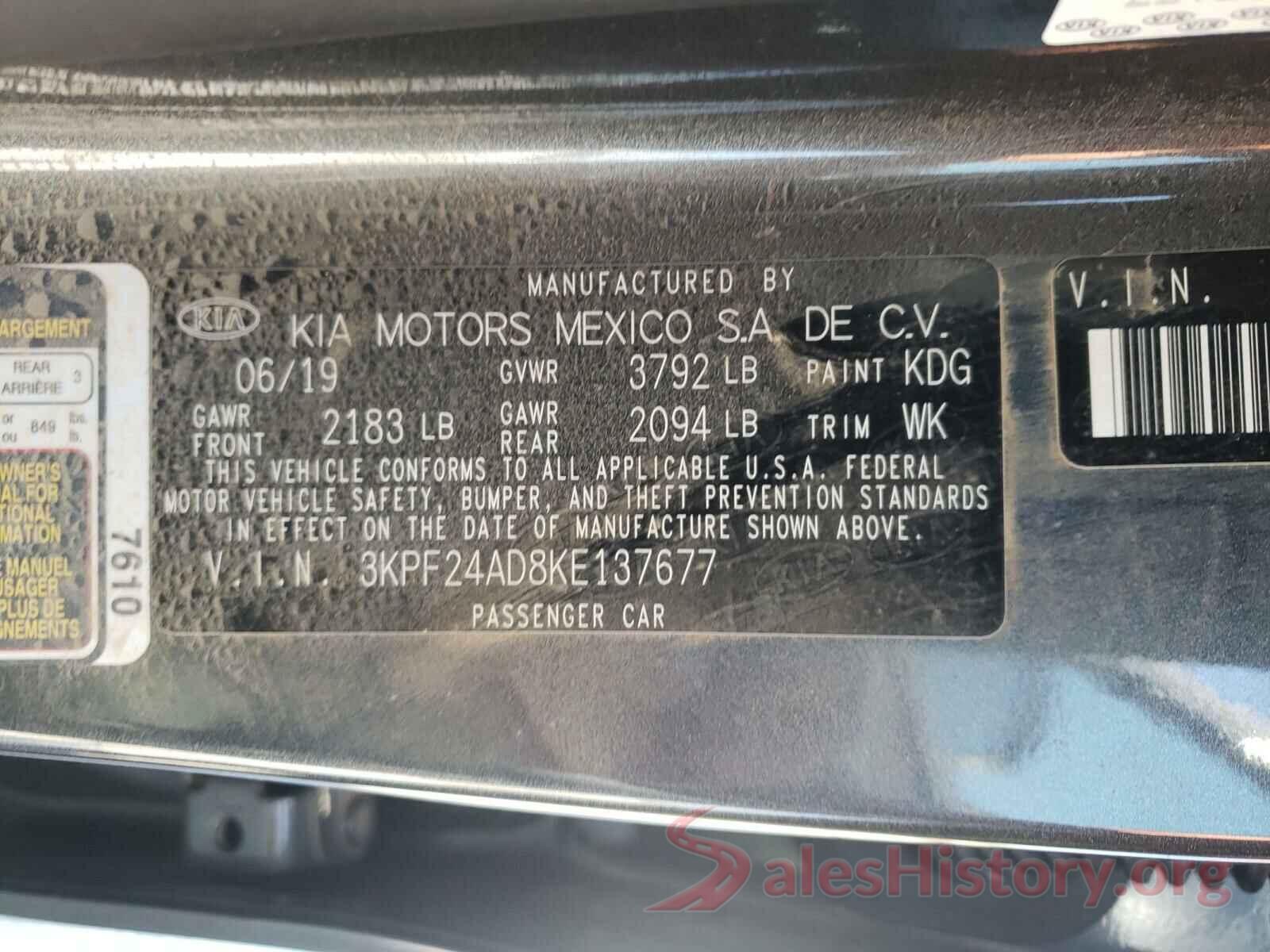 3KPF24AD8KE137677 2019 KIA FORTE