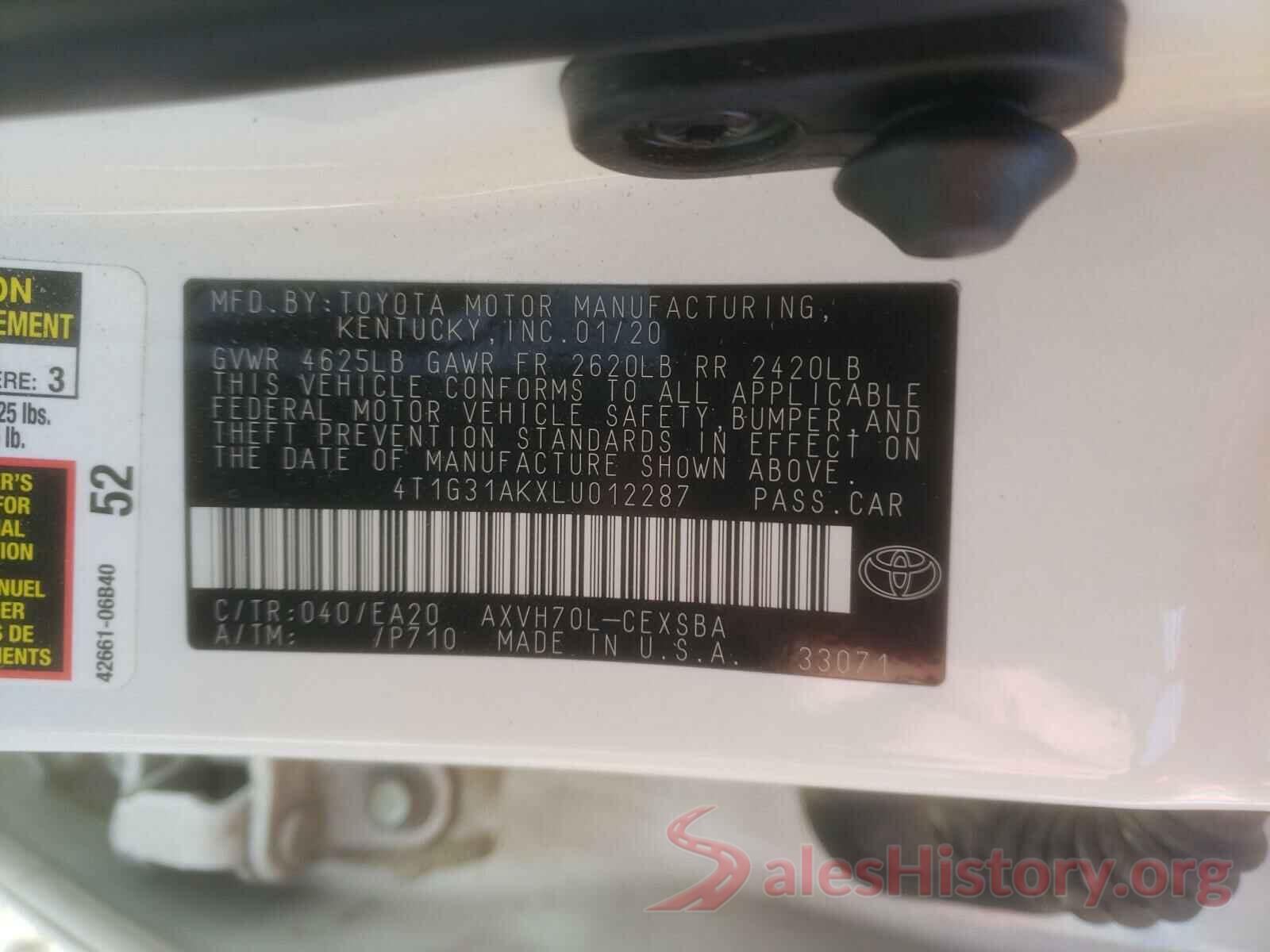 4T1G31AKXLU012287 2020 TOYOTA CAMRY