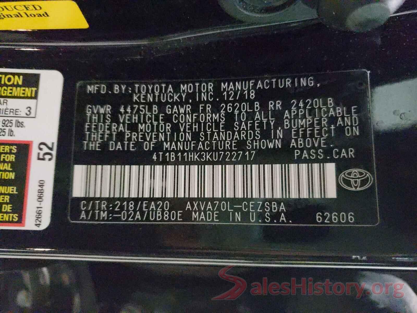 4T1B11HK3KU722717 2019 TOYOTA CAMRY