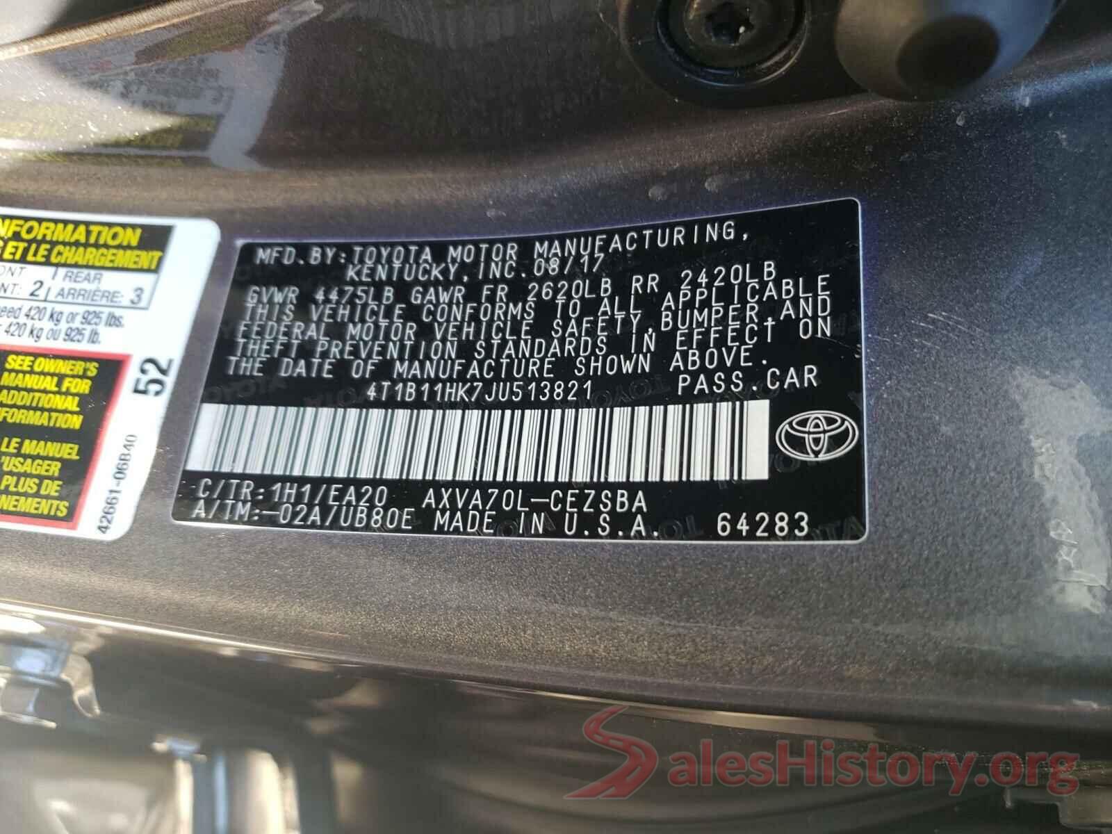 4T1B11HK7JU513821 2018 TOYOTA CAMRY