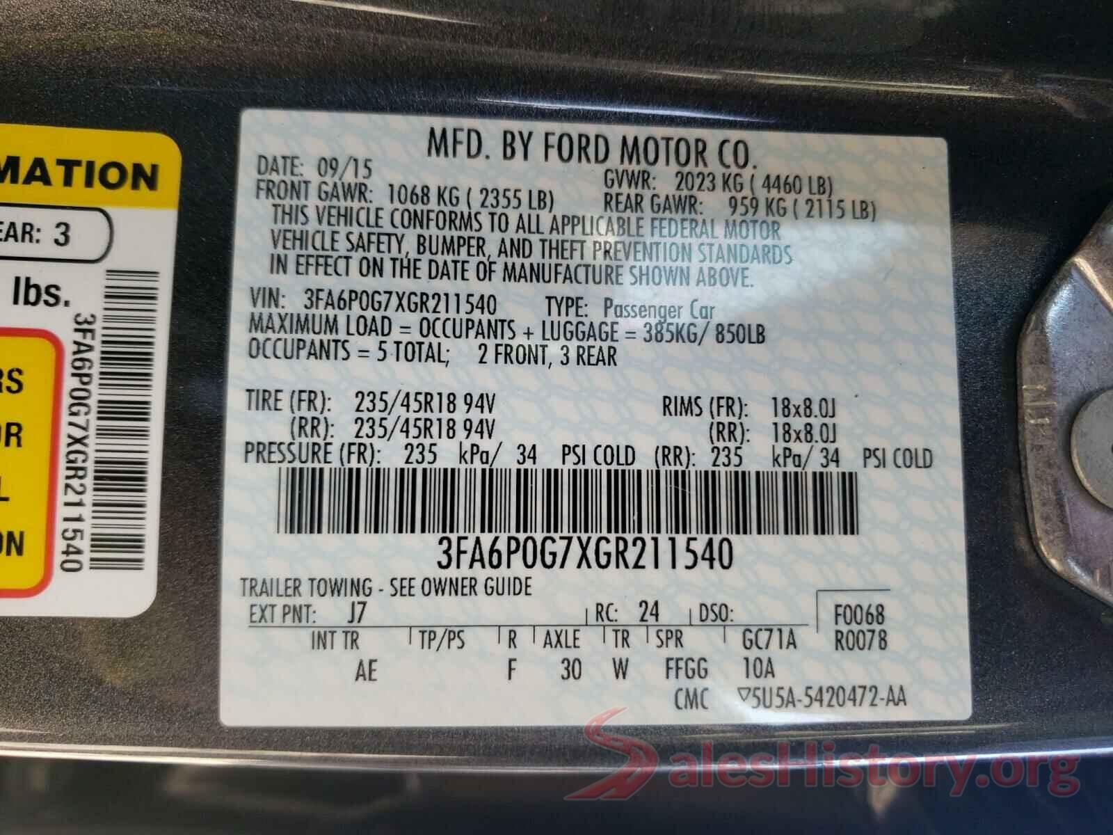 3FA6P0G7XGR211540 2016 FORD FUSION