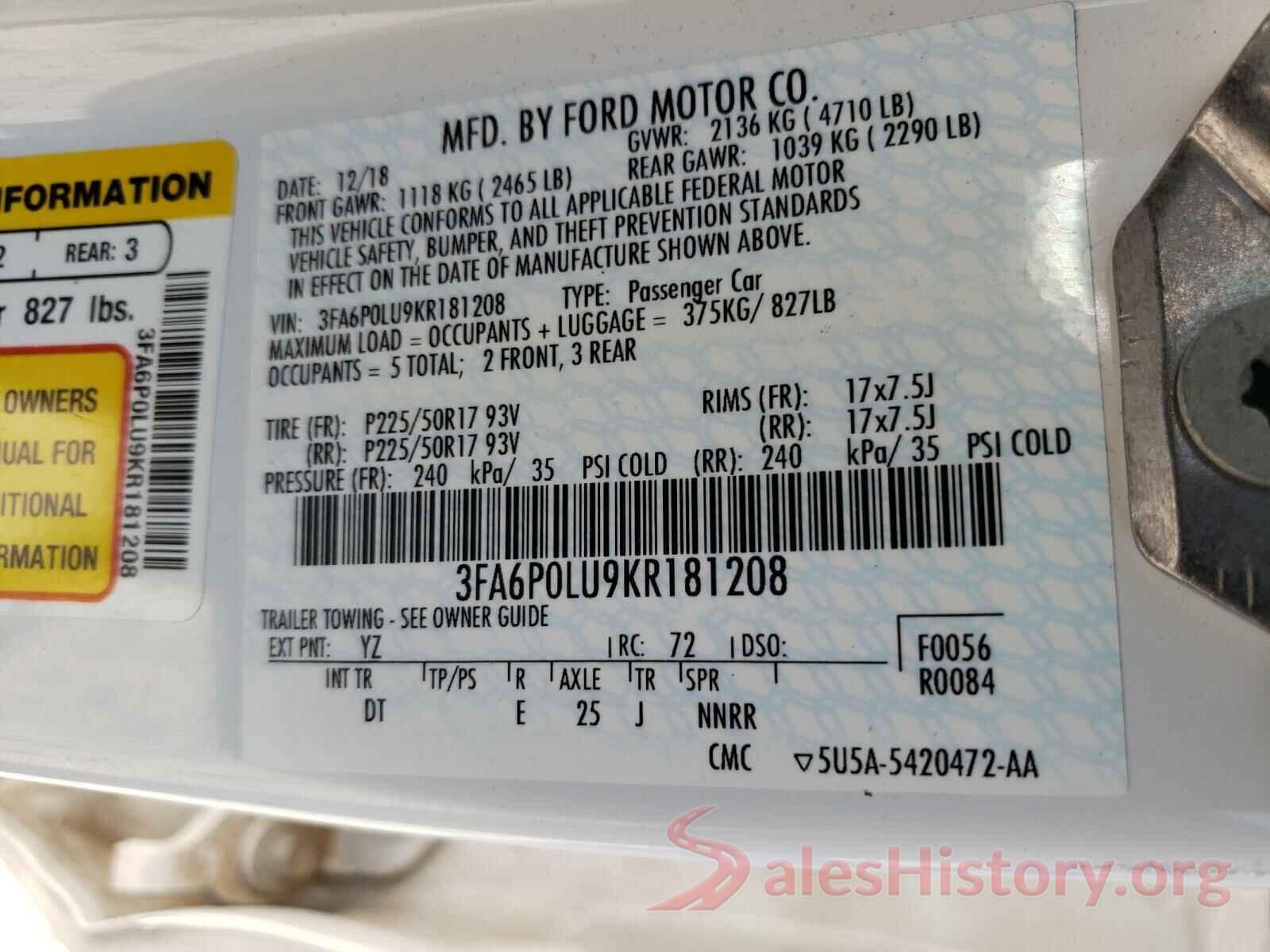 3FA6P0LU9KR181208 2019 FORD FUSION