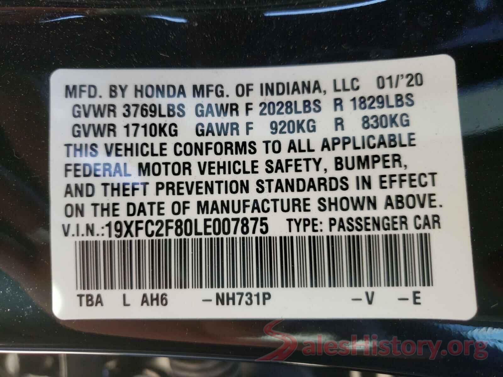 19XFC2F80LE007875 2020 HONDA CIVIC