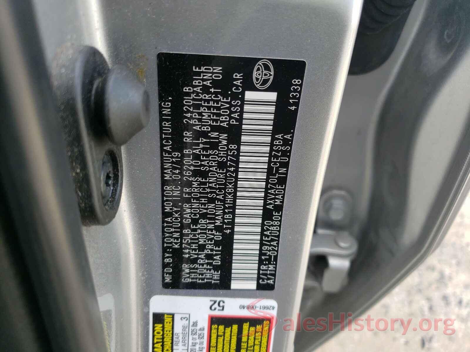 4T1B11HK8KU247758 2019 TOYOTA CAMRY