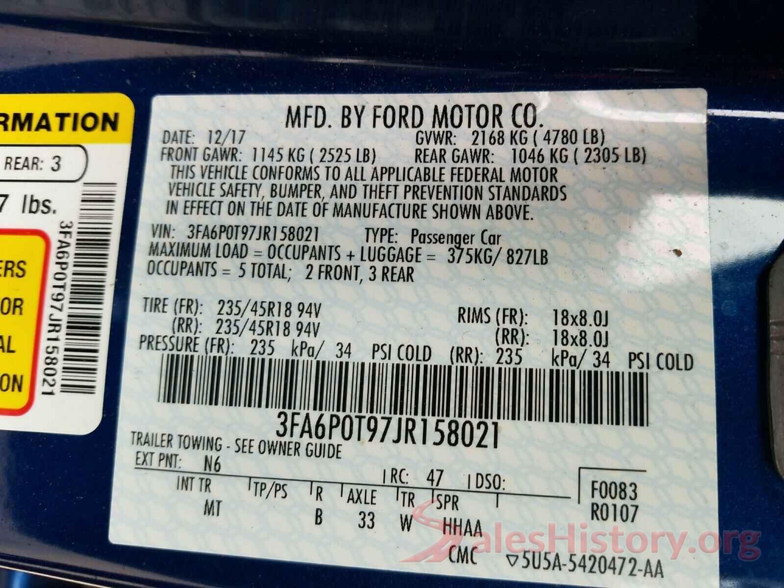 3FA6P0T97JR158021 2018 FORD FUSION