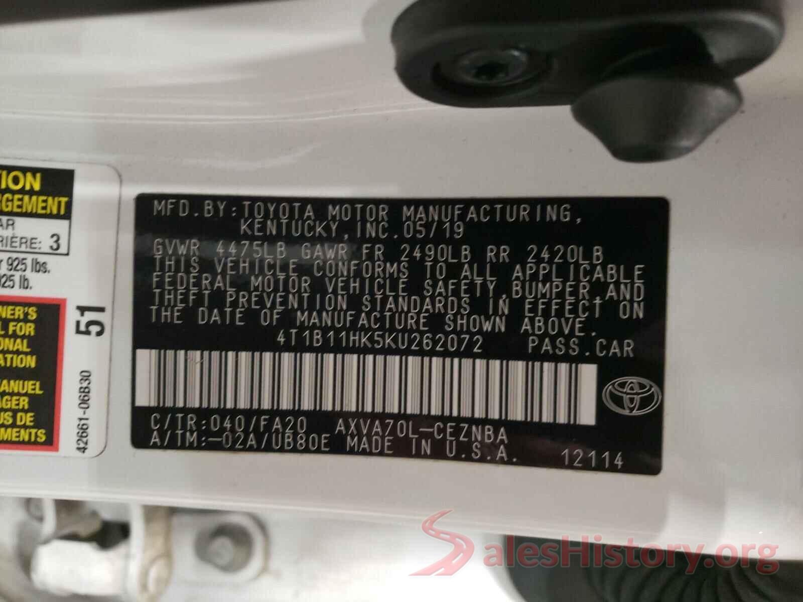 4T1B11HK5KU262072 2019 TOYOTA CAMRY