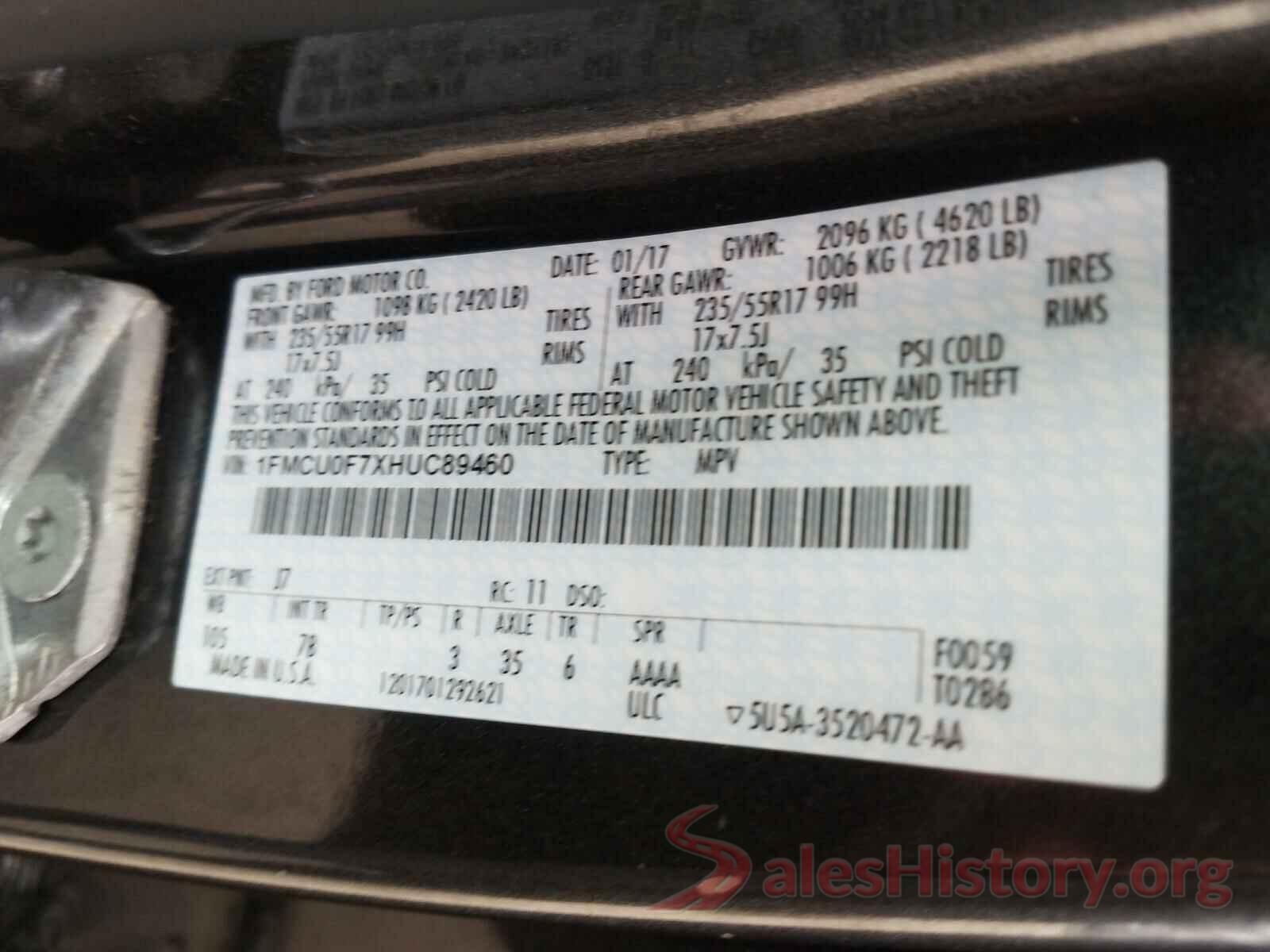 1FMCU0F7XHUC89460 2017 FORD ESCAPE