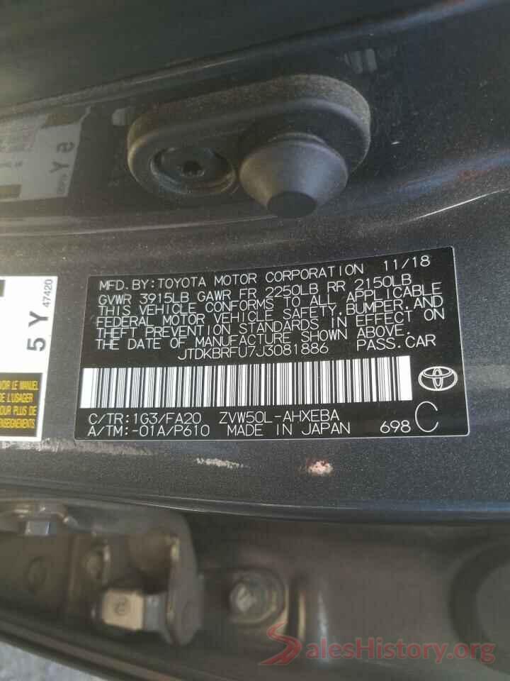 JTDKBRFU7J3081886 2018 TOYOTA PRIUS