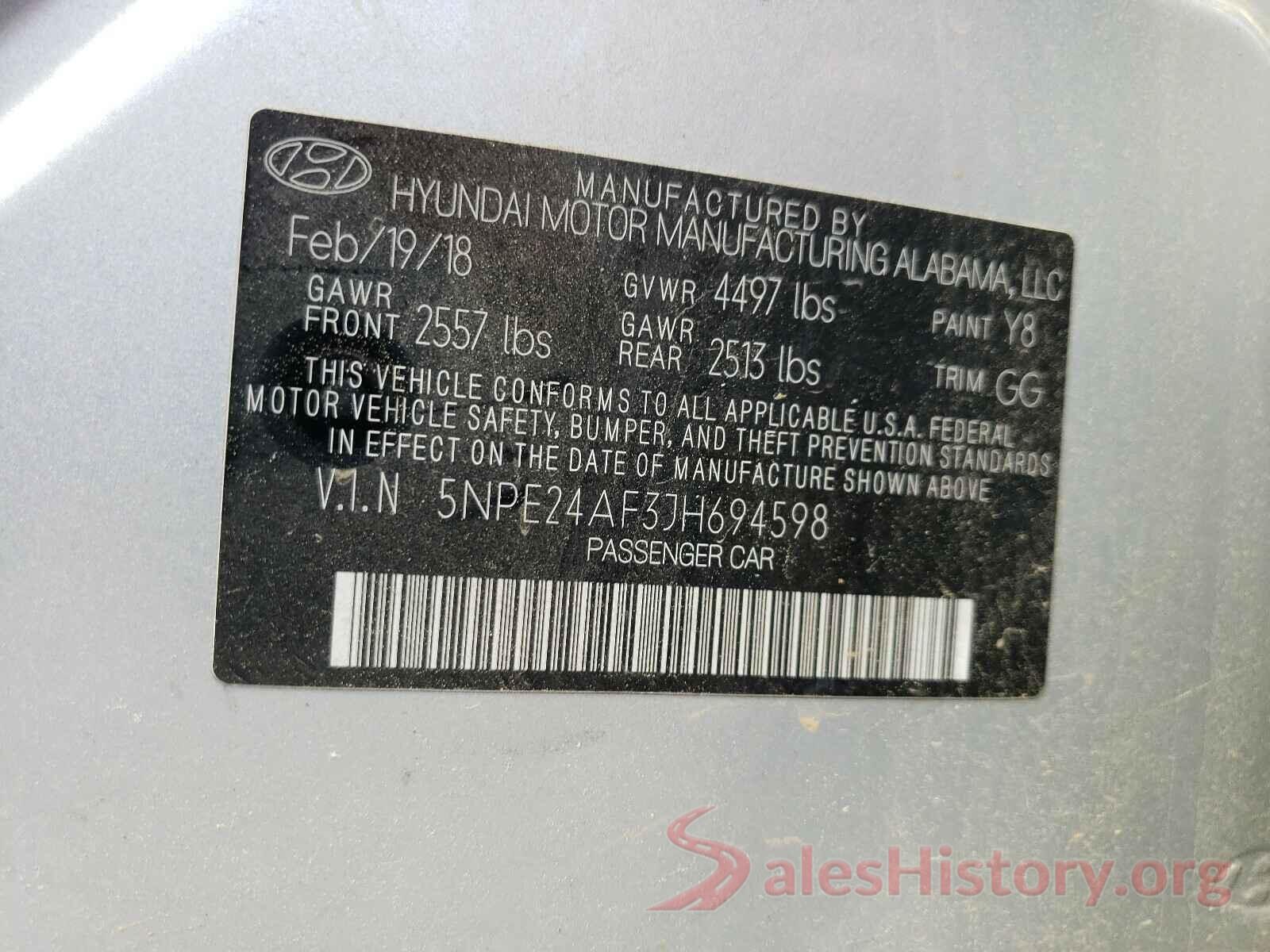 5NPE24AF3JH694598 2018 HYUNDAI SONATA