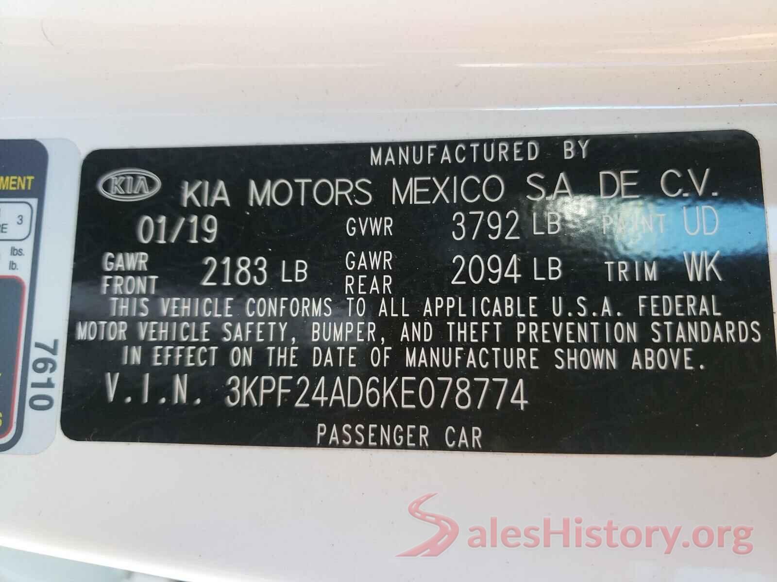 3KPF24AD6KE078774 2019 KIA FORTE