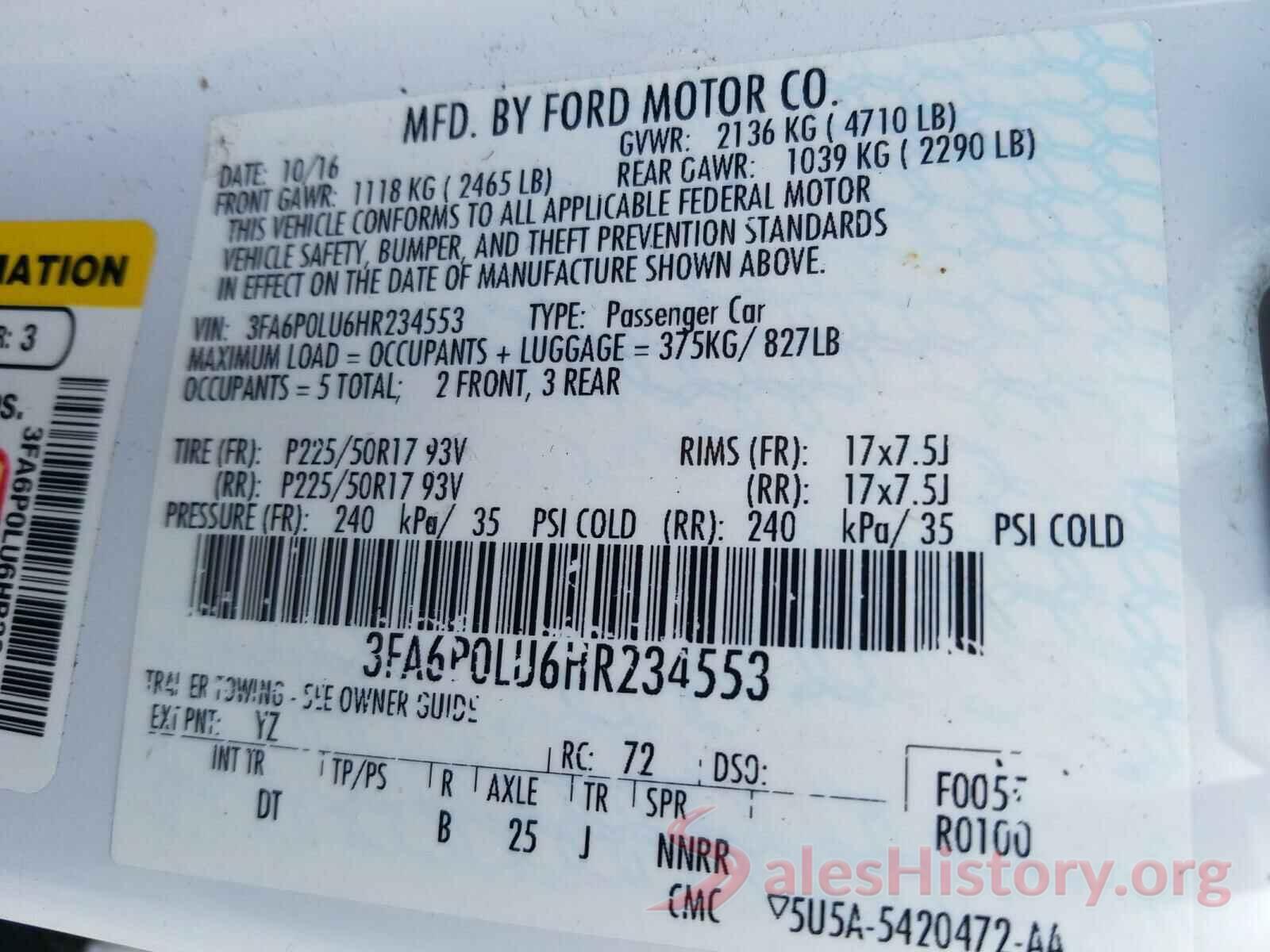 3FA6P0LU6HR234553 2017 FORD FUSION