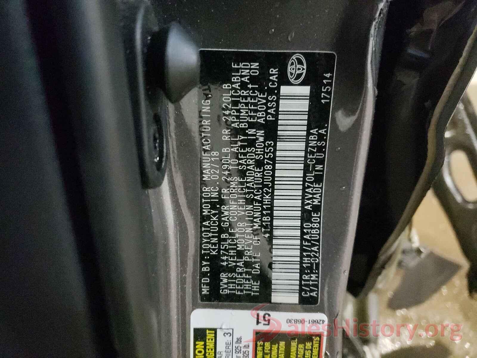 4T1B11HK2JU087553 2018 TOYOTA CAMRY