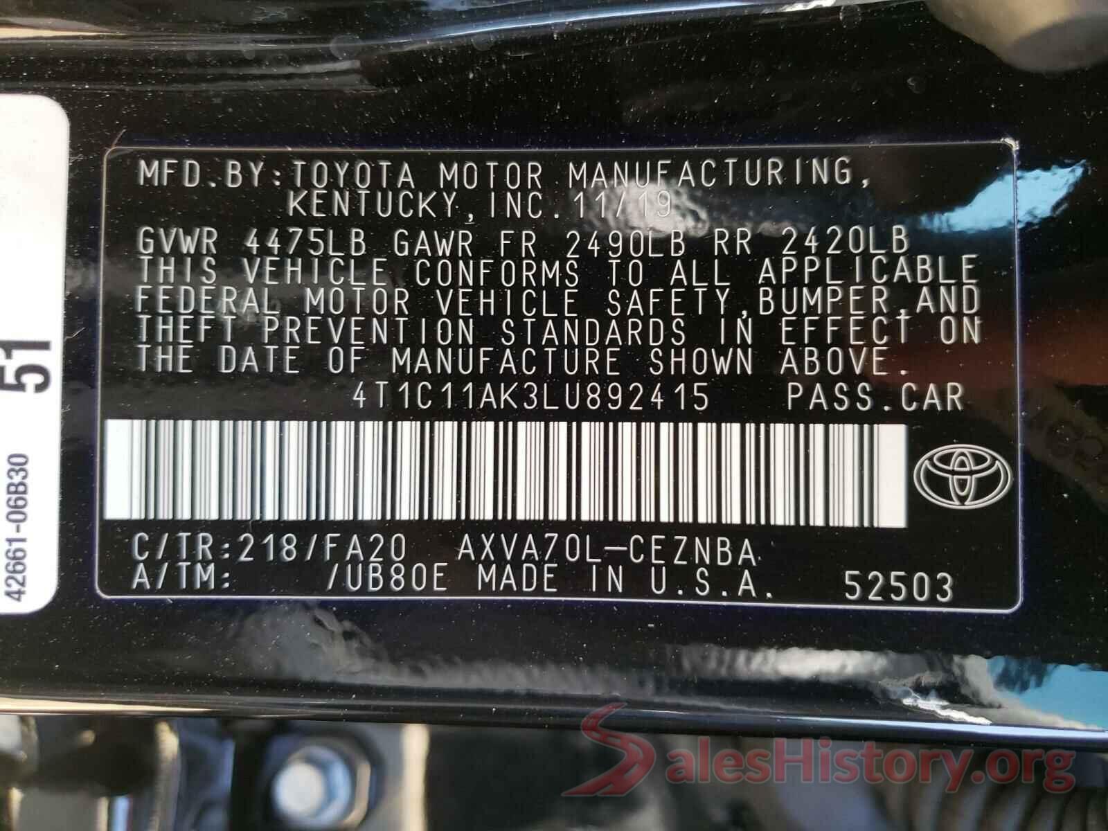 4T1C11AK3LU892415 2020 TOYOTA CAMRY