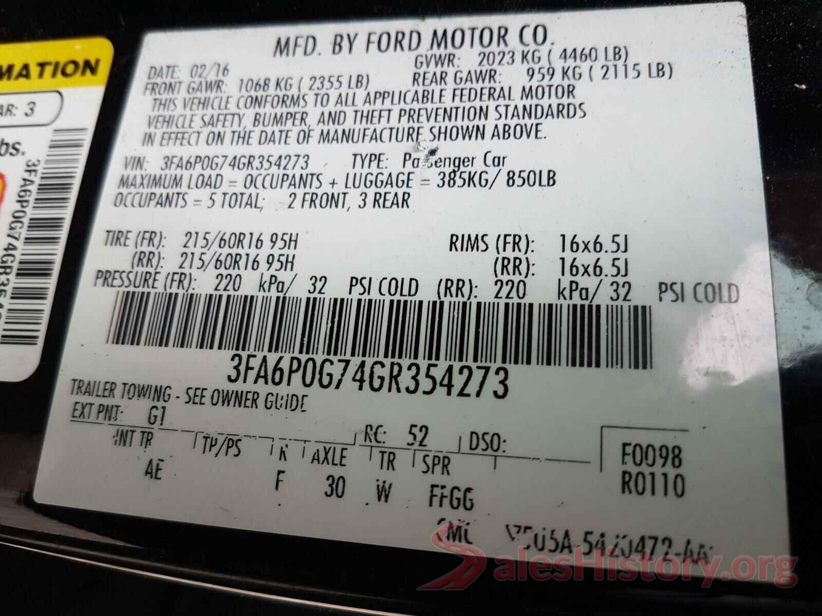 3FA6P0G74GR354273 2016 FORD FUSION