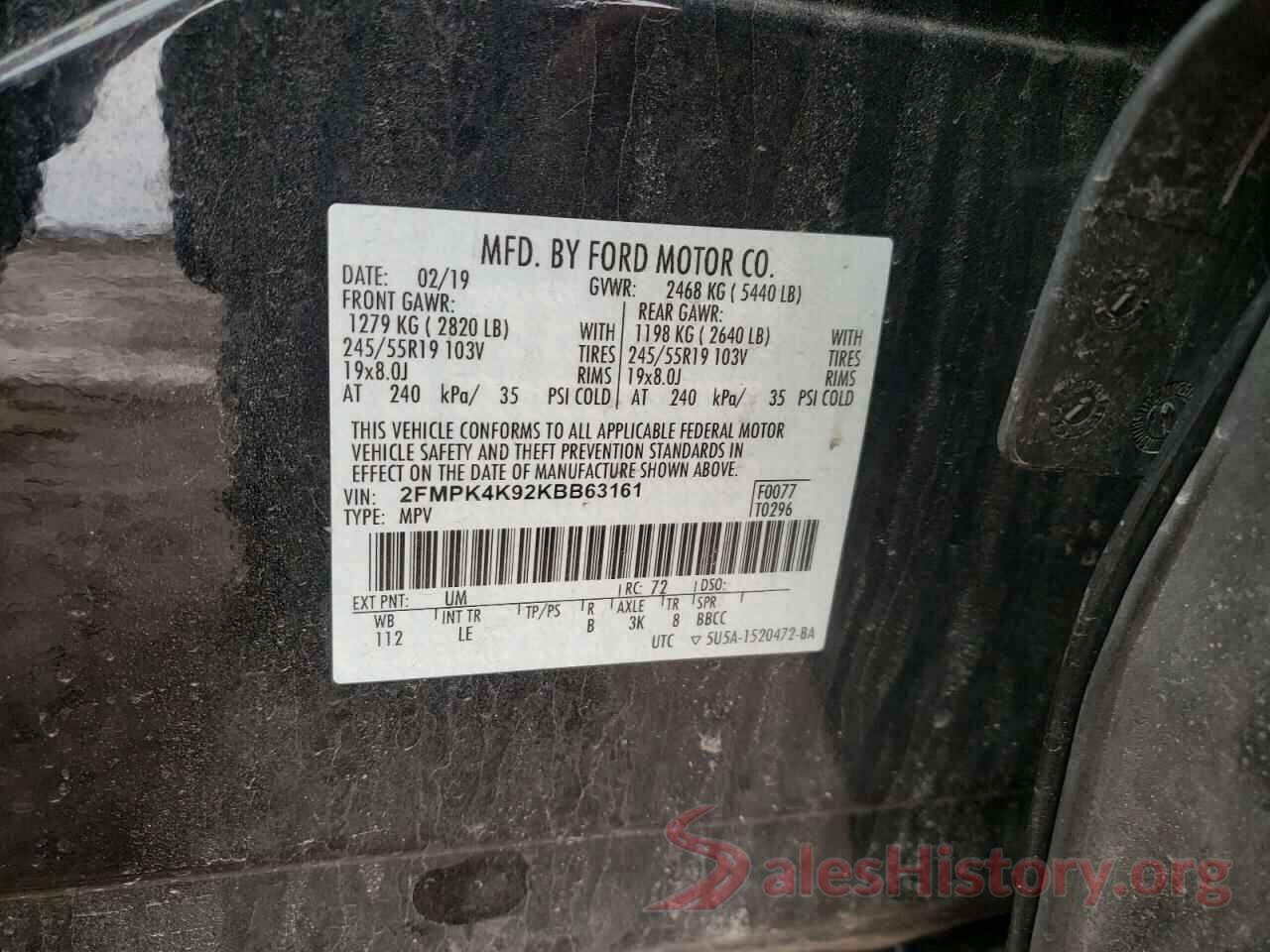 2FMPK4K92KBB63161 2019 FORD EDGE