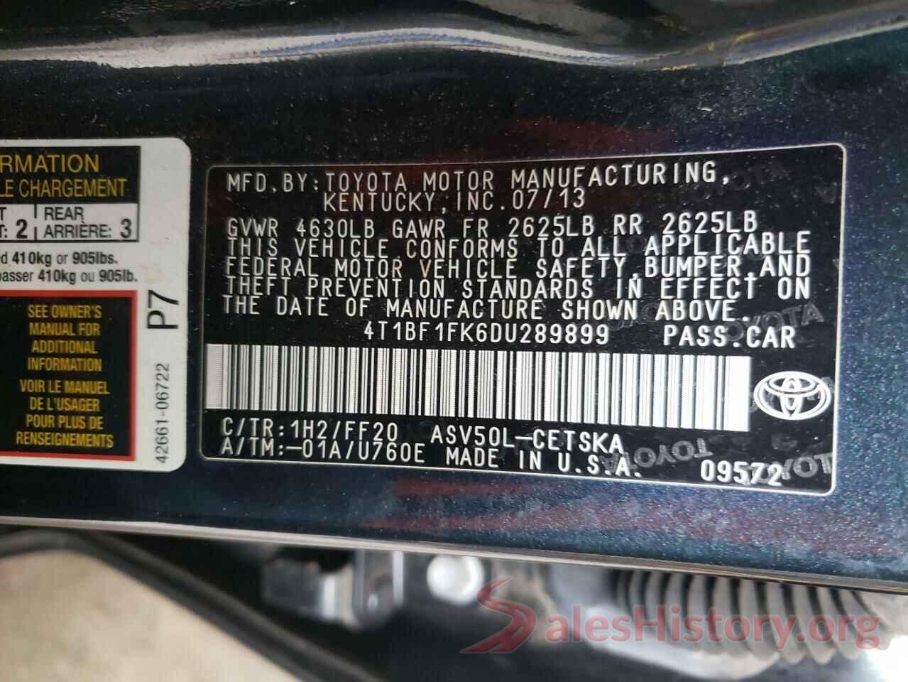 4T1BF1FK6DU289899 2013 TOYOTA CAMRY