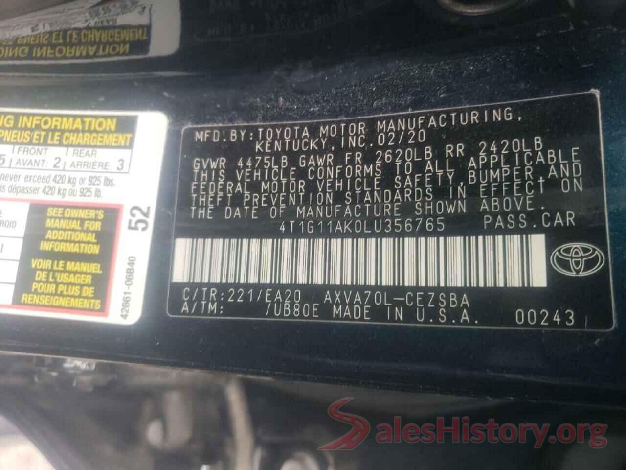 4T1G11AK0LU356765 2020 TOYOTA CAMRY