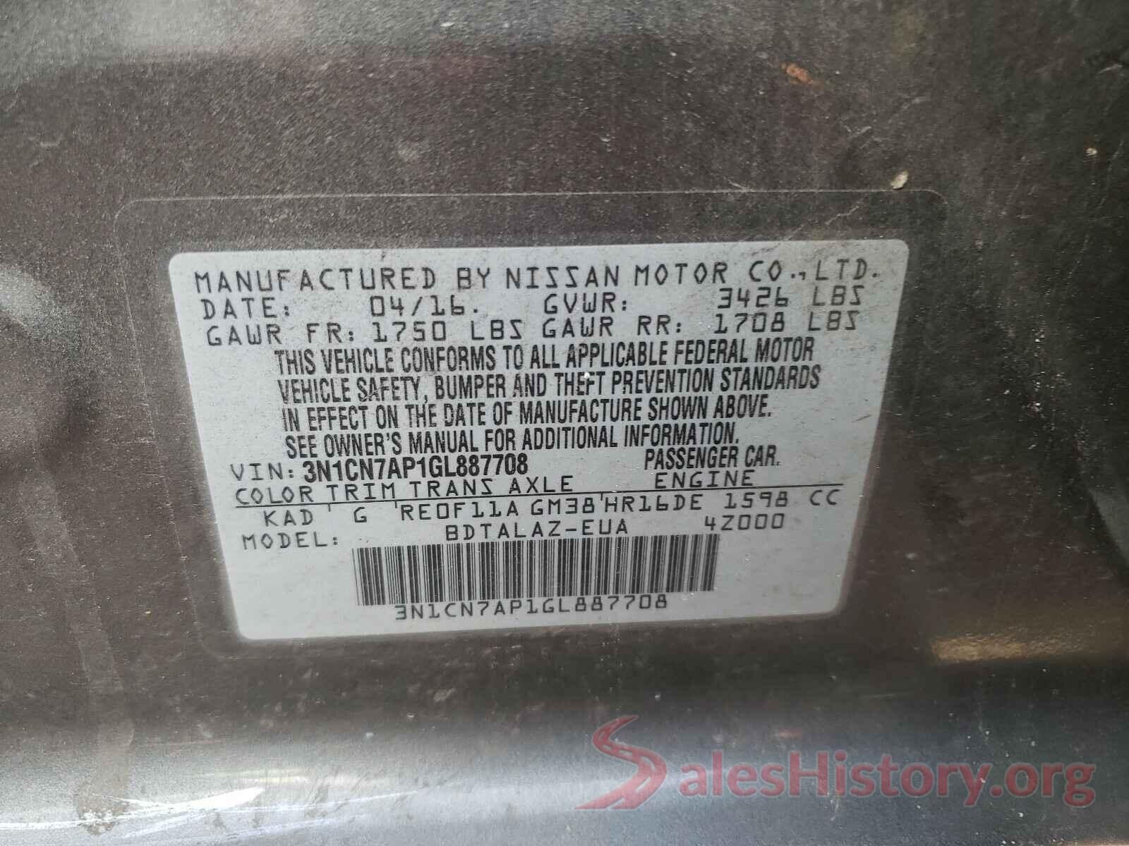 3N1CN7AP1GL887708 2016 NISSAN VERSA