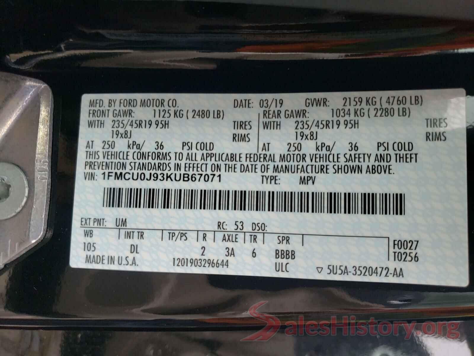 1FMCU0J93KUB67071 2019 FORD ESCAPE