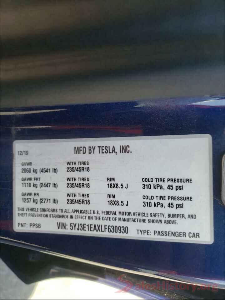 5YJ3E1EAXLF630930 2020 TESLA MODEL 3