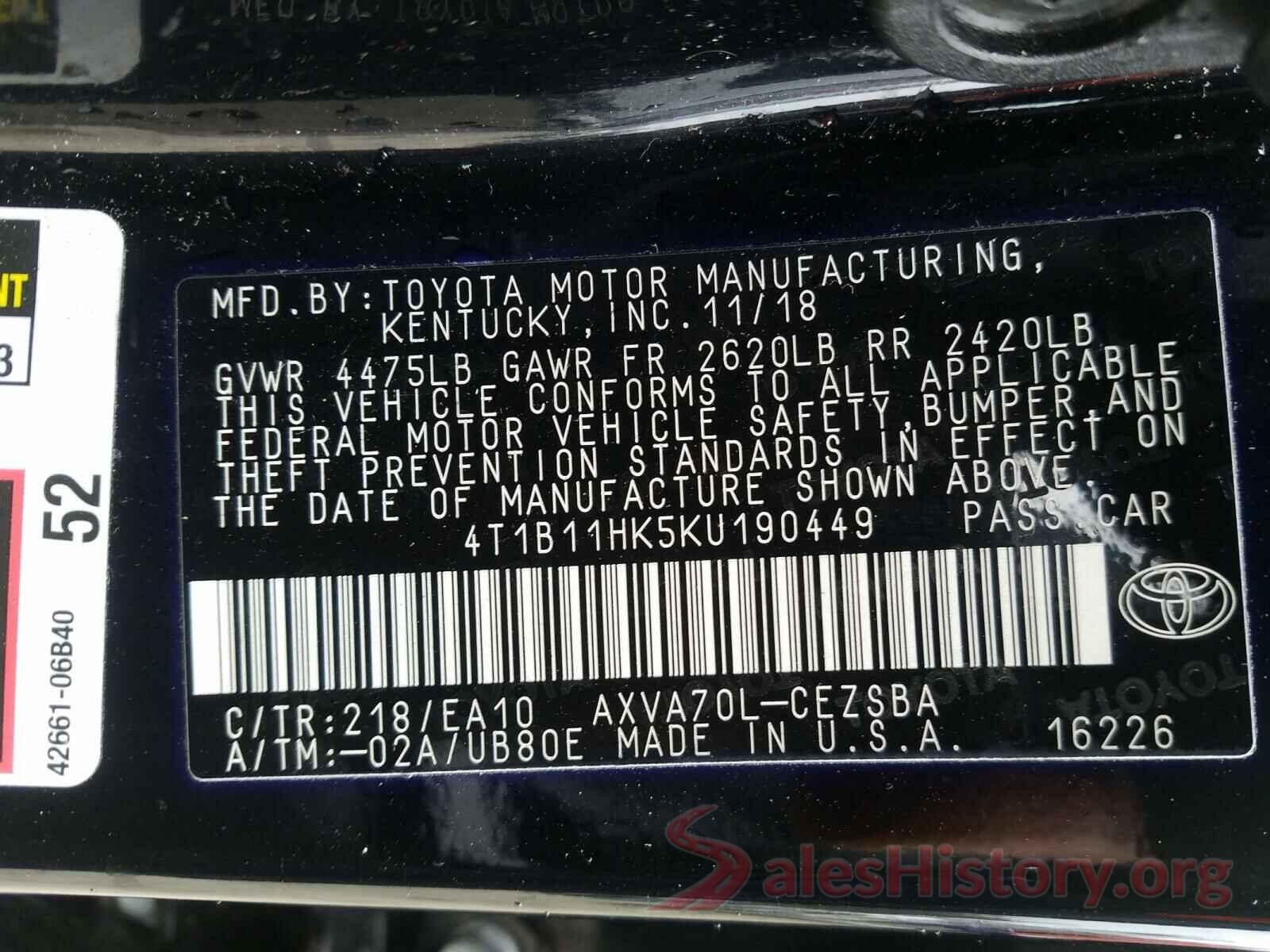 4T1B11HK5KU190449 2019 TOYOTA CAMRY